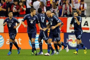Sporting Kansas celebrate after taking the lead against the New York Red Bulls (Image via Sporting Kansas official Facebook Page)